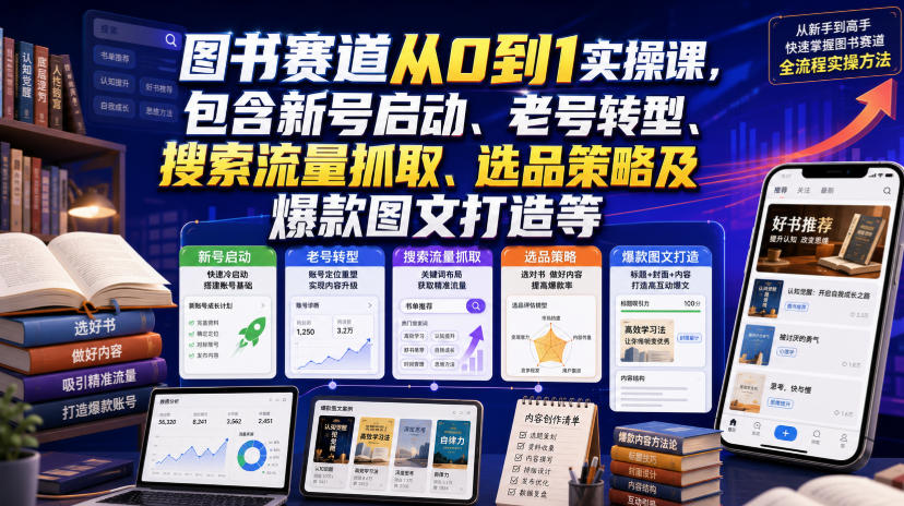 图书赛道从0到1实操课,包含新号启动、老号转型、搜索流量抓取、选品策略及爆款图文打造等