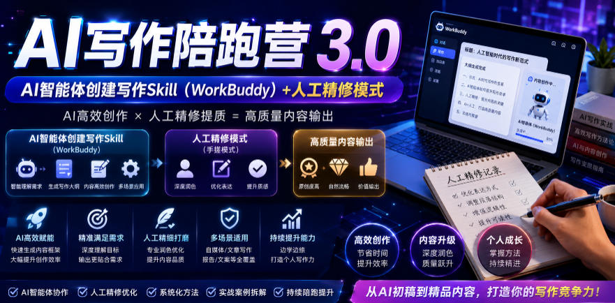 AI写作陪跑营3.0，Ai智能体创建写作skill(workbuddy)+人工手写模式(手搓模式)，去除AI痕迹(头条号、公众号、百家号)(更新0814)