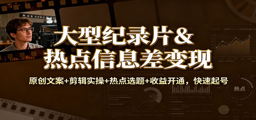 大型纪录片&热点信息差变现：原创文案+剪辑实操+热点选题+收益开通，快速起号