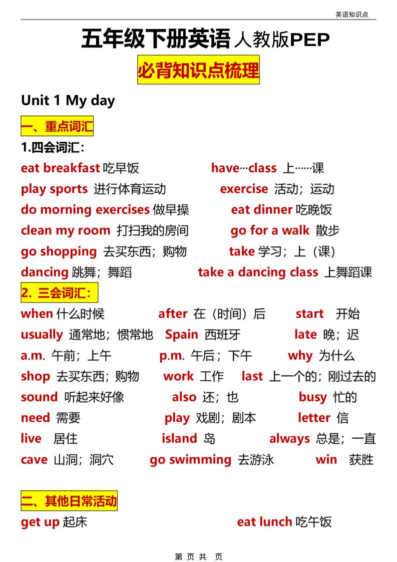 五年级(下）英语全册知识点汇总《人教版PEP》