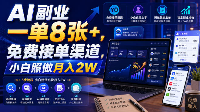 AI副业一单8张+,免费接单渠道,小白照做月入2W【揭秘】