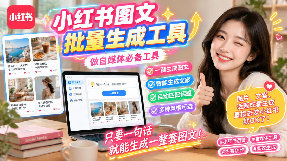 小红书图文批量生成工具,话题、文案、配图一键生成,直接发布,做自媒体必备工具