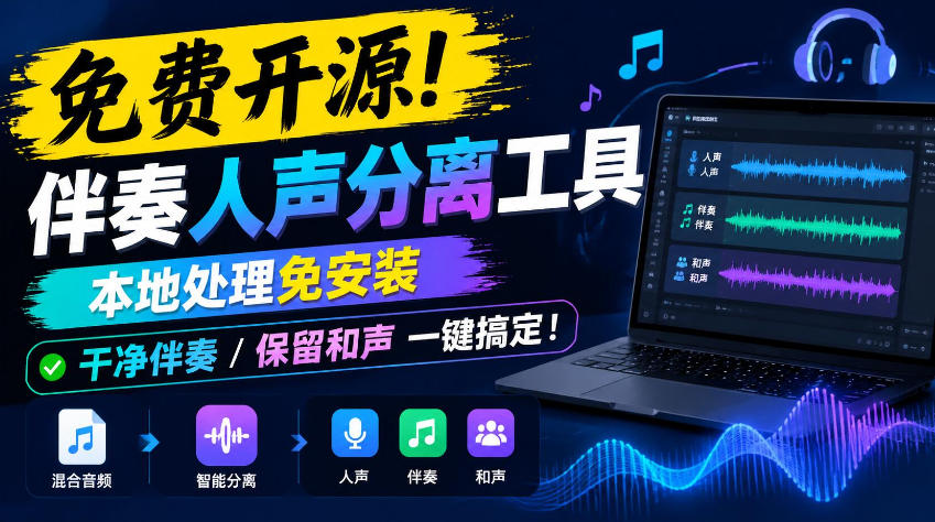 免费开源!伴奏人声分离工具,本地处理免安装,干净伴奏,保留和声一键搞定!