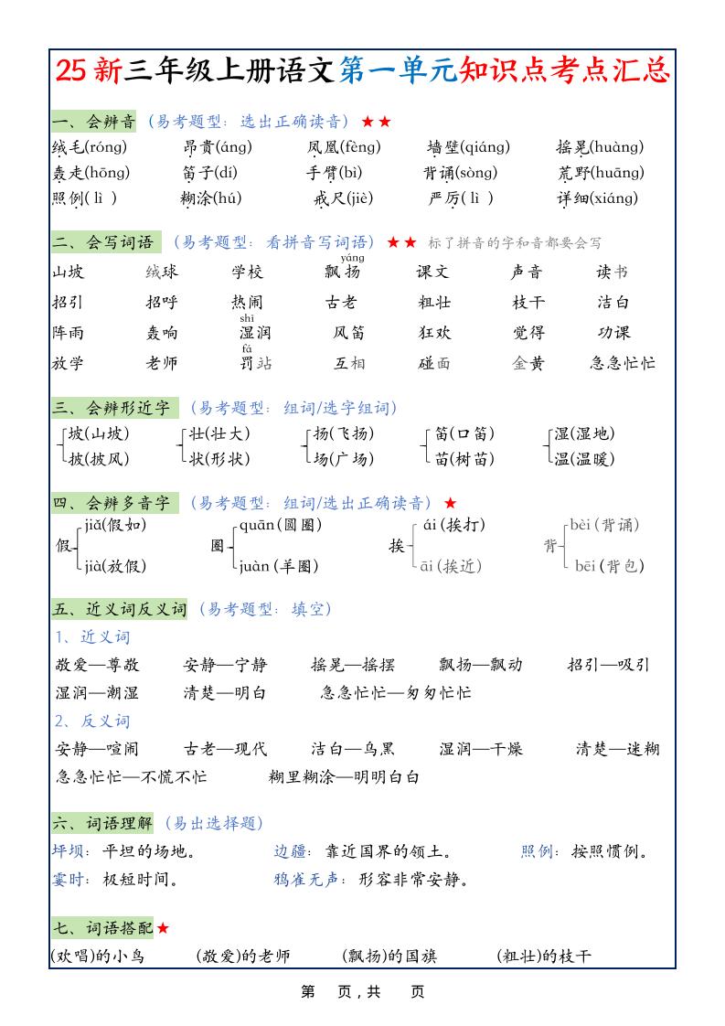 25新三上语文1-8单元知识点考点汇总（24页）