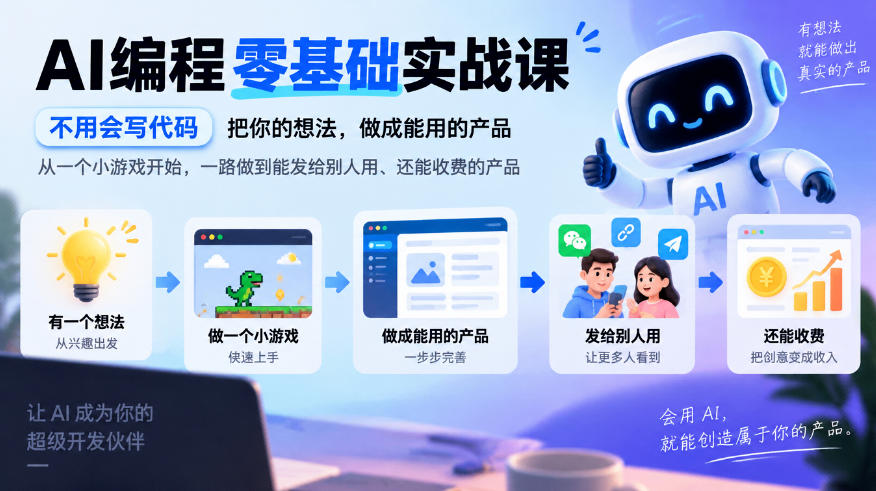 AI编程零基础实战课,不用会写代码,把你的想法,做成能用的产品,从一个小游戏开始,一路做到能发给别人用、还能收费的产品