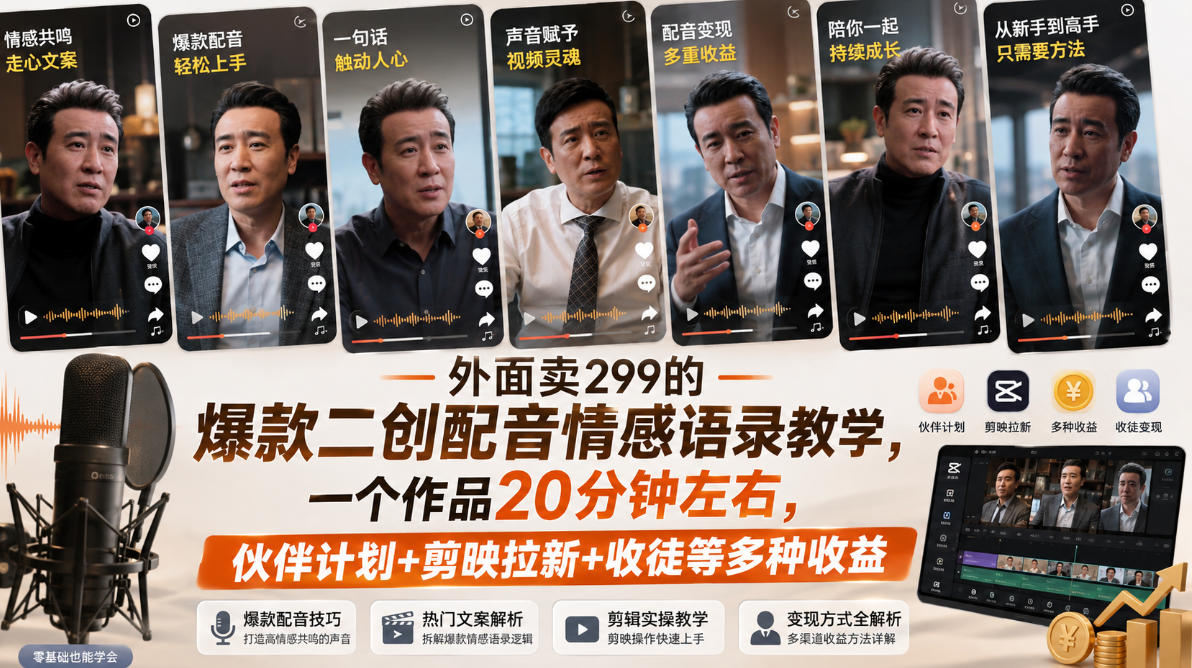 外面卖299的爆款二创配音情感语录教学,一个作品20分钟左右,伙伴计划+剪映拉新+收徒等多种收益