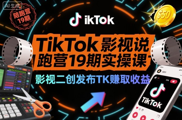 TikTok影视解说陪跑营19期实操课,影视二创发布TK賺取收益,万播收益50美金(更新)