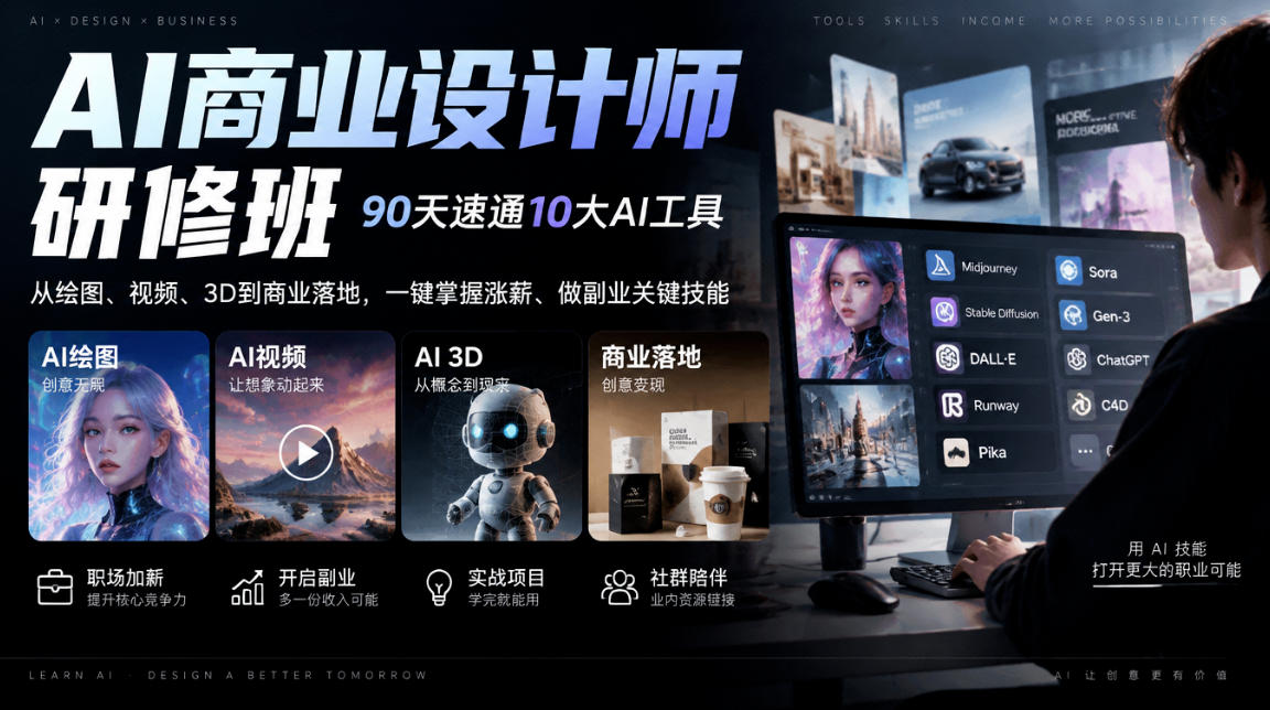AI商业设计师研修班，90天速通10大AI工具，从绘图、视频、3D到商业落地，一键掌握涨薪、做副业关键技能