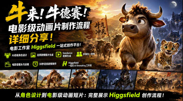 牛来!牛德赛!电影级动画片制作流程详细分享!电影工作室Higgsfield一站式创作平台,完整创作流程