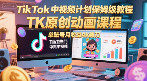 TikTok中视频计划保姆级教程,TK原创动画课程,单账号月收益4k美刀