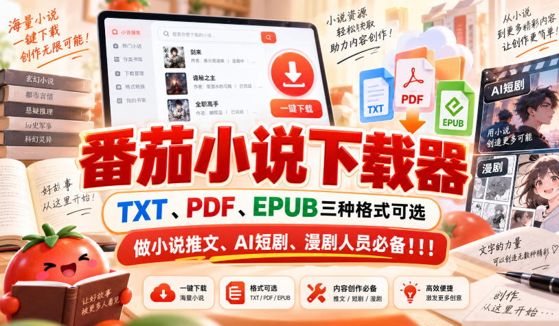 番茄小说下载器，TXT、PDF、EPUB三种格式可选，做小说推文、AI短剧、漫剧人员必备！！！