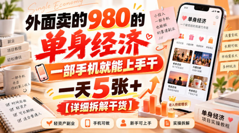 外面卖的980的单身经济,一部手机就能上手干,一天5张+【详细拆解干货】