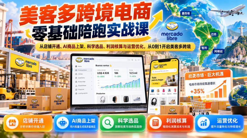 美客多跨境电商零基础陪跑实战课:从店铺开通、AI商品上架、科学选品、利润核算与运营优化,从0到1开启美客多跨境