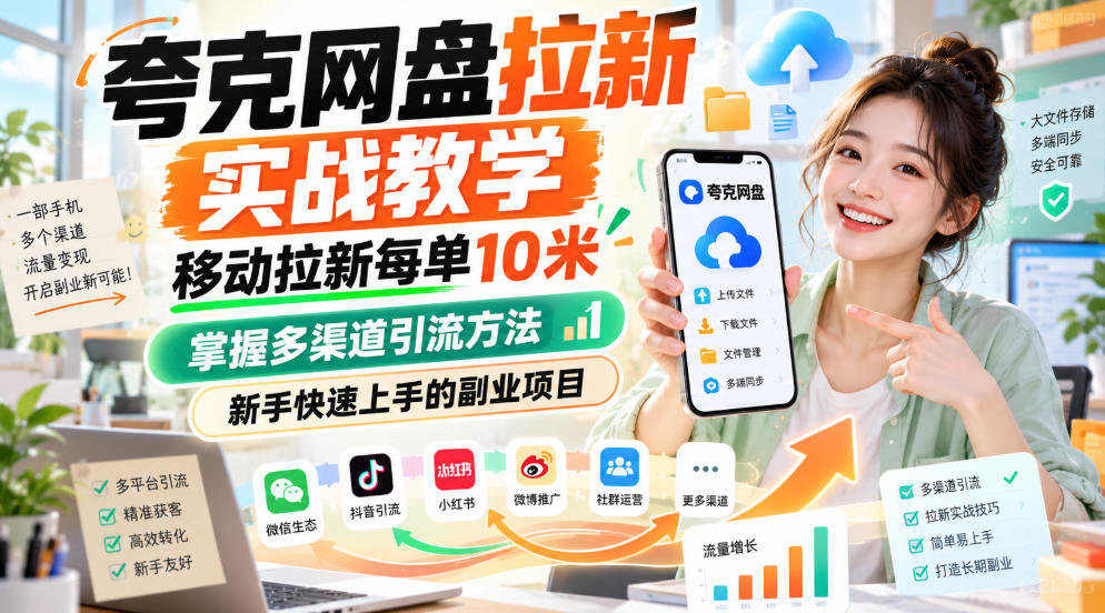 夸克网盘拉新实战教学,移动拉新每单10米,掌握多渠道引流方法,新手快速上手的副业项目(更新1017)