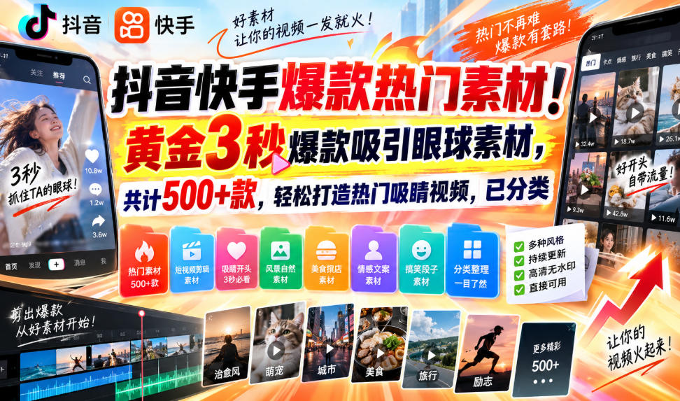 抖音快手爆款热门素材!黄金3秒爆款吸引眼球素材,共计500+款,轻松打造热门吸睛视频,已分类