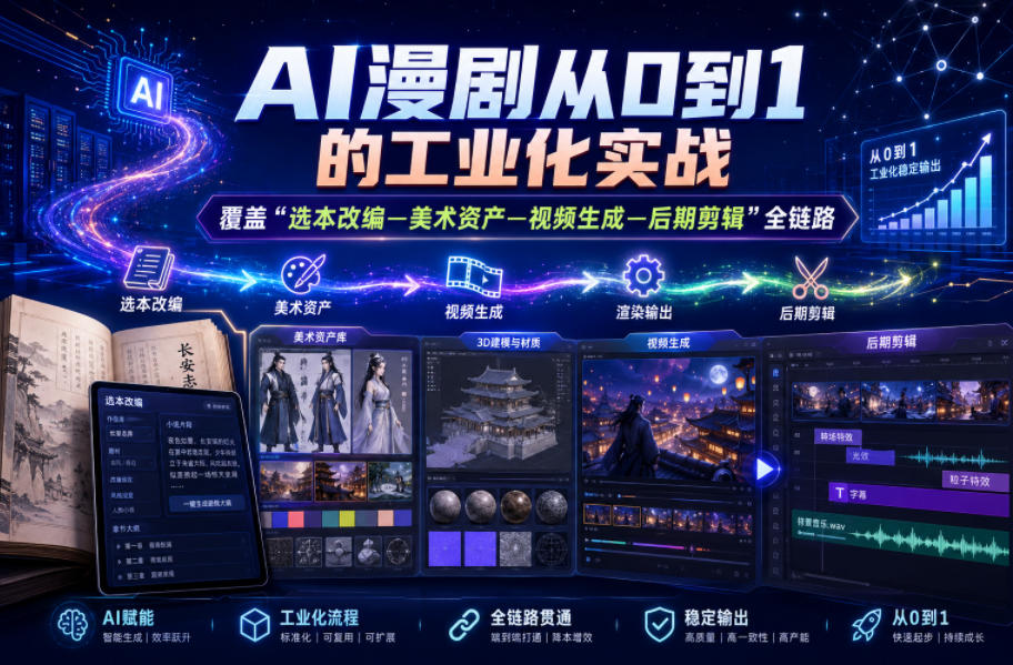 AI漫剧从0到1的工业化实战，覆盖“选本改编—美术资产—视频生成—后期剪辑”全链路(更新6月)