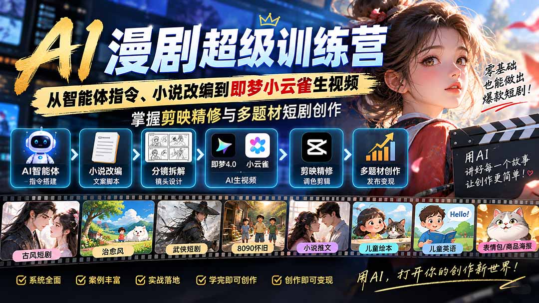 AI漫剧超级特训营：从智能体指令、小说改编到即梦小云雀生视频，掌握剪映精修与多题材短剧创作