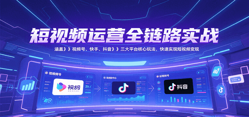 短视频运营全链路实战，涵盖视频号、快手、抖音三大平台核心玩法，快速实现变现！