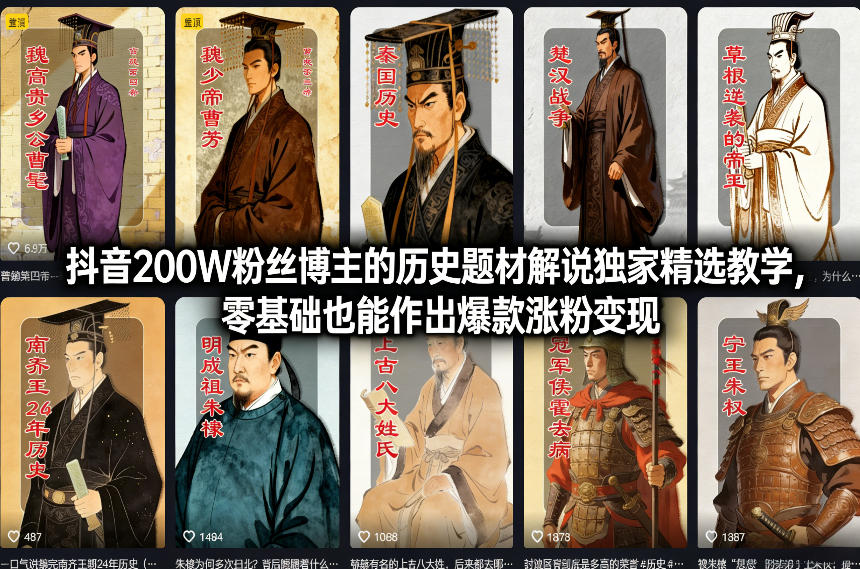 抖音200W粉丝博主的历史题材解说独家精选教学，零基础也能作出爆款涨粉变现