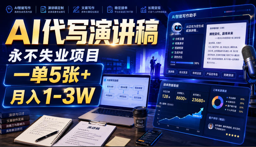 AI代写演讲稿,永不失业项目,一单5张+,月入1-3W【揭秘】