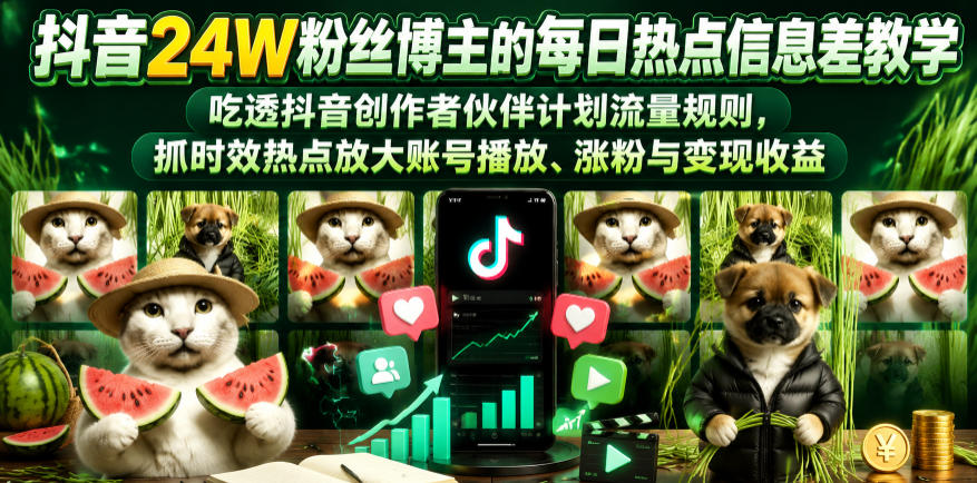 抖音24W粉丝博主的每日热点信息差教学，吃透创作者伙伴计划流量规则，抓时效热点放大账号播放、涨粉与变现收益(更新)