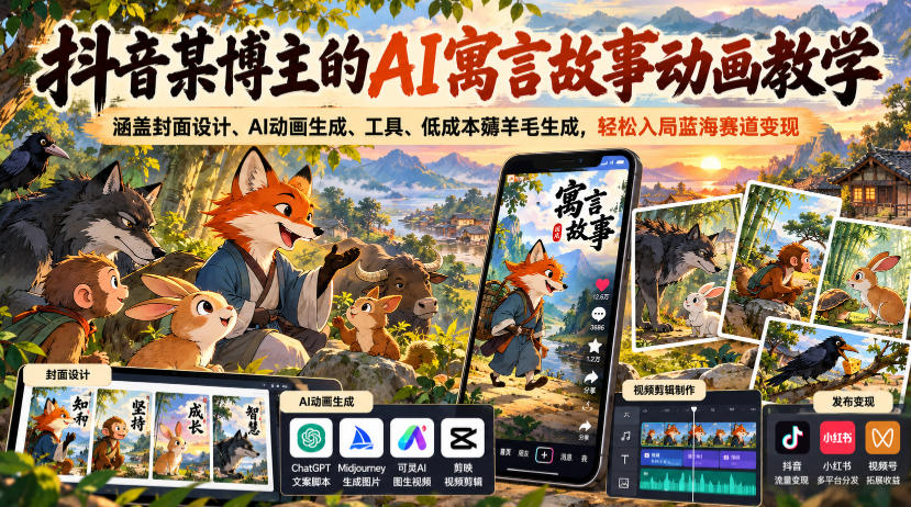 抖音某博主的AI寓言故事动画教学,涵盖封面设计、AI动画生成、工具、低成本薅羊毛生成,轻松入局蓝海赛道变现