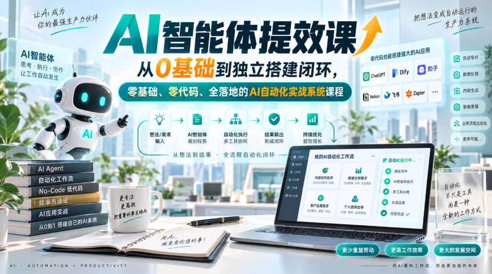 AI智能体提效课,从0基础到独立搭建闭环,零基础、零代码、全落地的AI自动化实战系统课程