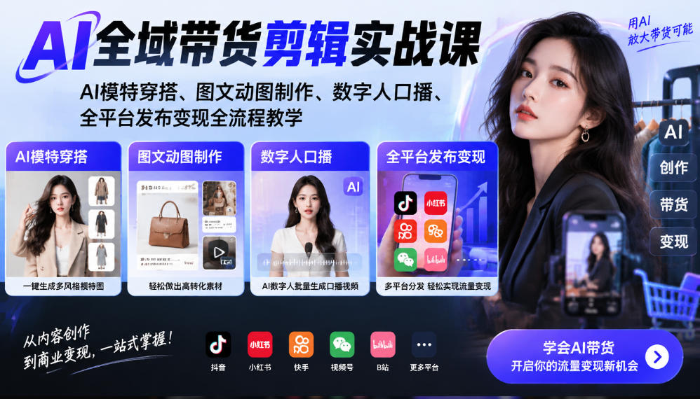 AI全域带货剪辑实战课｜AI模特穿搭、图文动图制作、数字人口播、全平台发布变现全流程教学