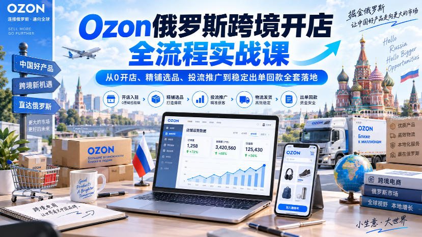 Ozon俄罗斯跨境开店全流程实战课|从0开店、精铺选品、投流推广到稳定出单回款全套落地