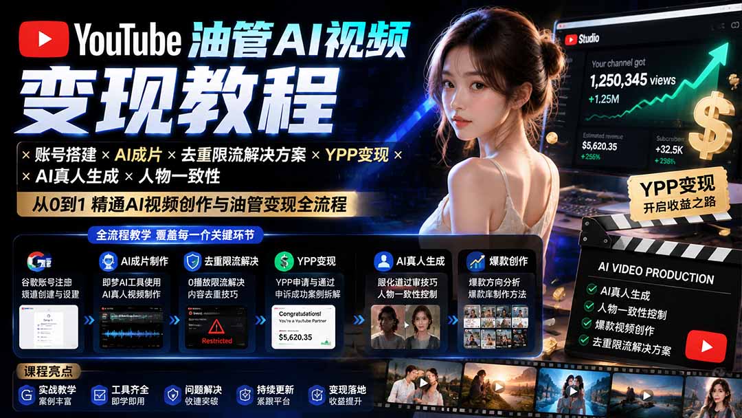 YouTube油管AI视频变现教程-更新0926：账号搭建×AI成片×去重限流解决方案×YPP变现×AI真人生成×人物一致性