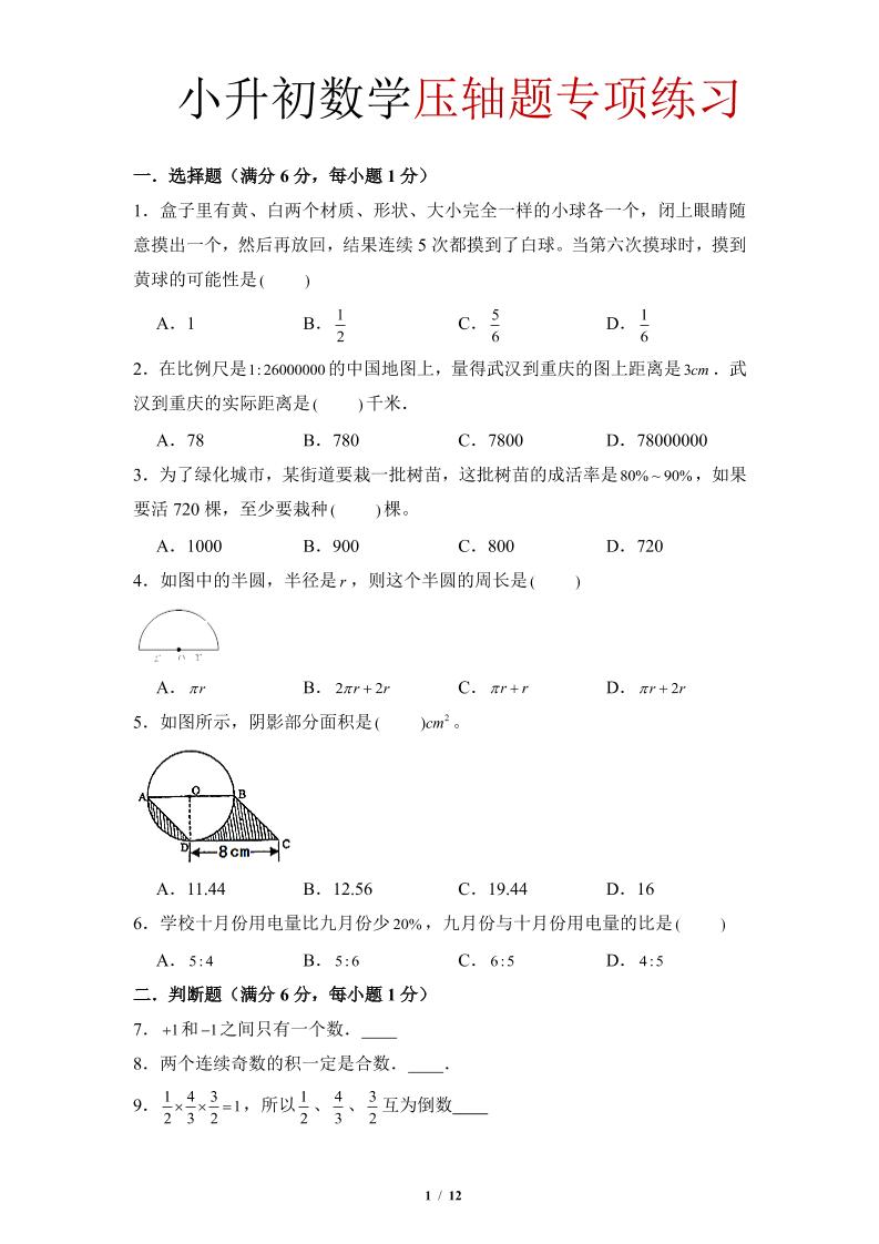 六年级下小升初数学压轴题专项练习