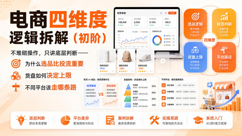电商四维度逻辑拆解(初阶)不堆砌操作,只讲底层判断——为什么选品比投流重要、货盘如何决定上限、不同平台该走哪条路