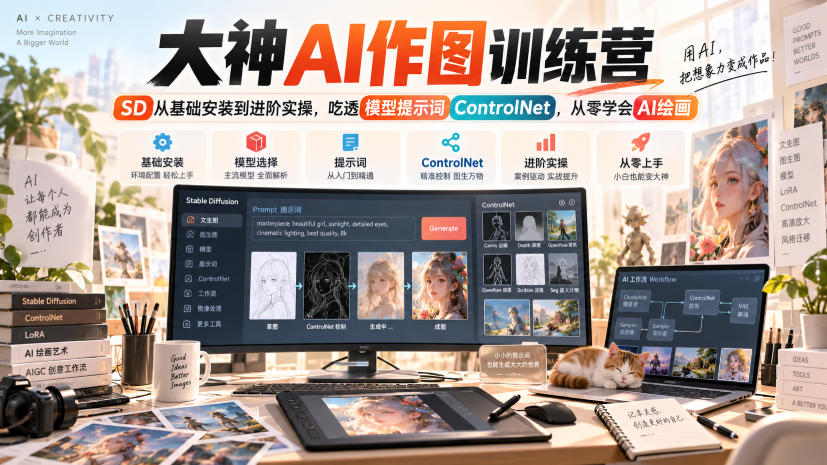 大神AI作图训练营,SD从基础安装到进阶实操,吃透模型提示词ControlNet,从零学会AI绘画