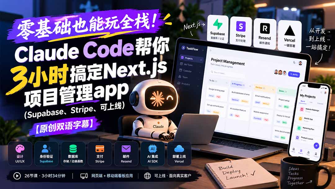 零基础也能玩全栈！Claude Code帮你3小时搞定Next.js项目管理app(Supabase、Stripe、可上线