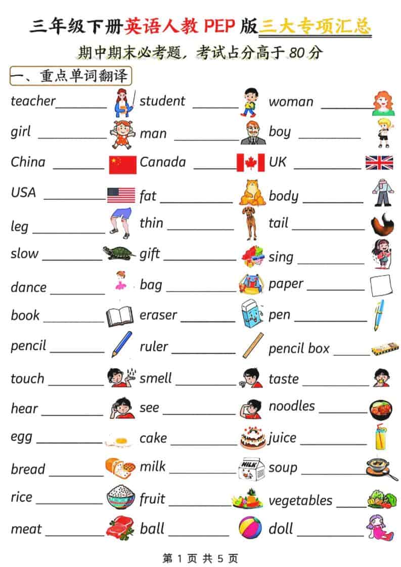 三年级下英语三大专项汇总《人教PEP版》