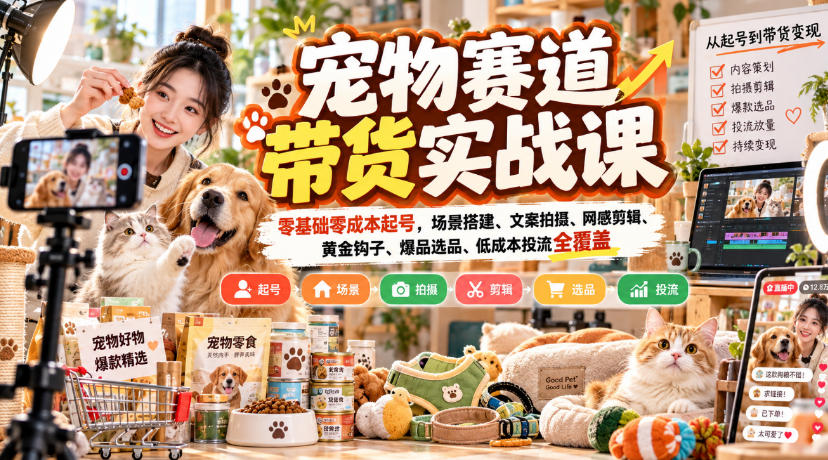宠物赛道带货实战课，零基础零成本起号，场景搭建、文案拍摄、网感剪辑、黄金钩子、爆品选品、低成本投流全覆盖