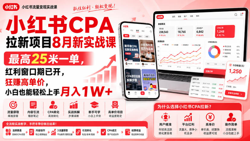 小红书CPA拉新项目8月新实战课，最高25米一单，红利窗口期已开，狂賺高单价，小白也能轻松上手月入1W+(更新0907)