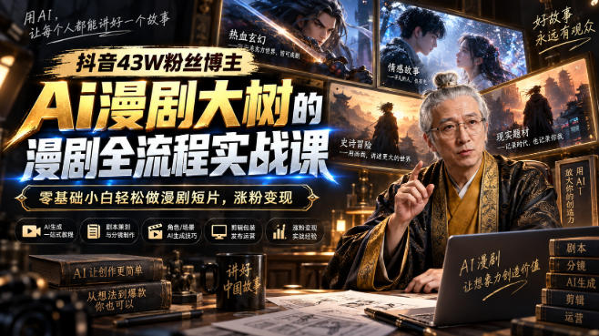 抖音43W粉丝博主Ai漫剧大树的漫剧制作全流程实战课,零基础小白轻松做漫剧短片,涨粉变现
