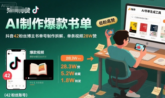 AI制作爆款书单,抖音42粉丝博主书单号制作拆解,单条视频28W赞