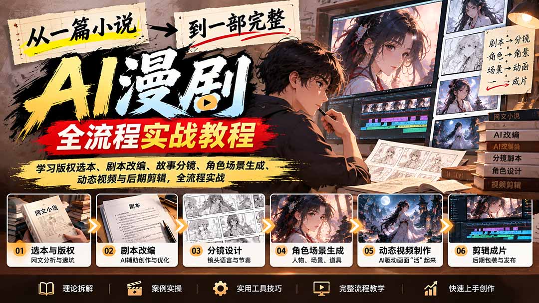 从一篇小说到一部完整AI漫剧：学习版权选本、剧本改编、故事分镜、角色场景生成、动态视频与后期剪辑
