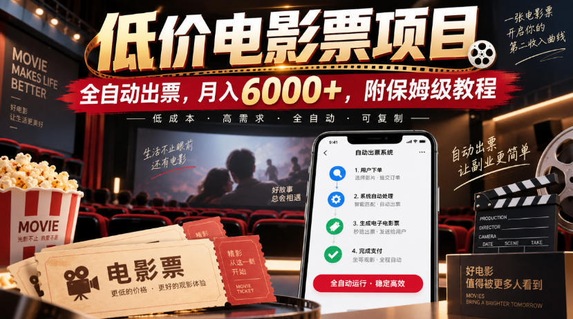 低价电影票项目,全自动出票,月入6000+,附保姆级教程【揭秘】