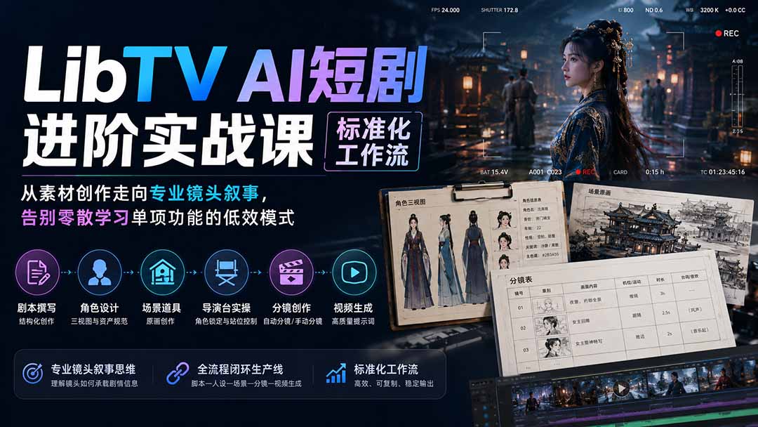 LibTV AI短剧进阶实操课标准化工作流；从素材创作走向专业镜头叙事，告别零散学习单项功能的低效模式