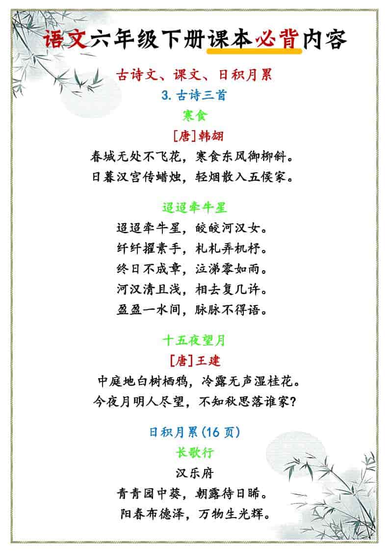 六年级下语文课本必背内容