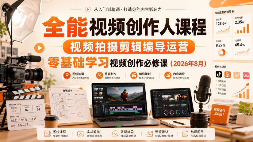 全能视频创作人课程，视频拍摄剪辑编导运营，零基础学习视频创作必修课(2026年8月)