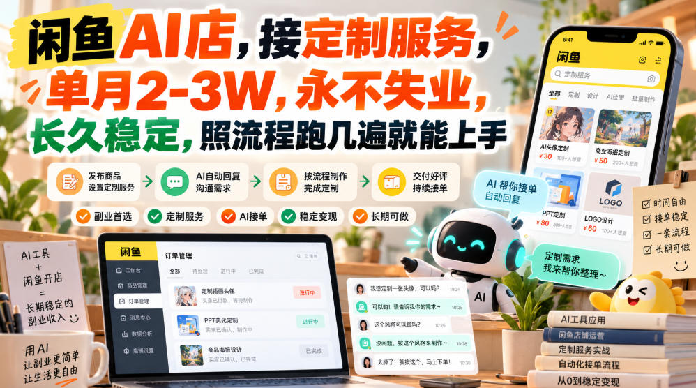 闲鱼AI店,接定制服务,单月2-3W,永不失业,长久稳定,照流程跑几遍就能上手