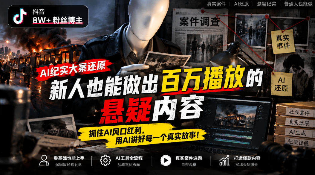 抖音8W粉丝博主的AI纪实大案还原教学,新人也能做出百W播放的悬疑内容,抓住AI风口红利,用AI讲好每一个真实故事(更新1014)