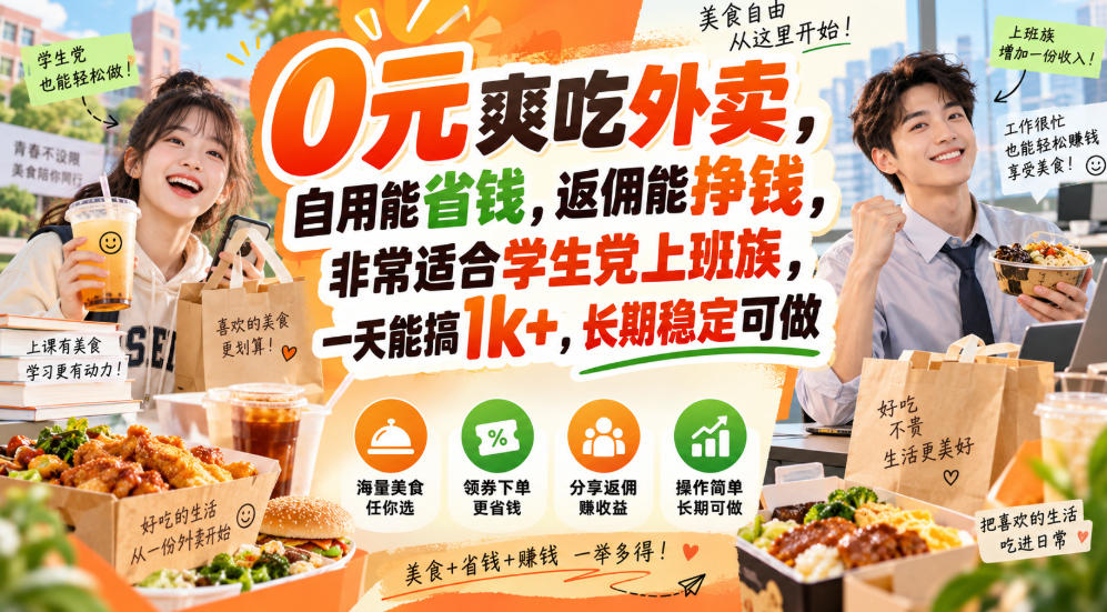 0元爽吃外卖,自用能省钱,返佣能挣钱,非常适合学生党上班族,一天能搞1k+,长期稳定可做