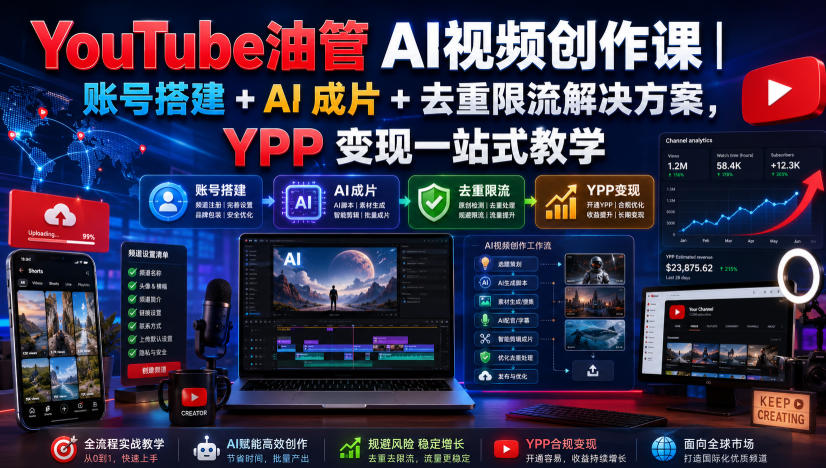 YouTube油管AI视频创作课|账号搭建+AI成片+去重限流解决方案,YPP变现一站式教学(更新0817)