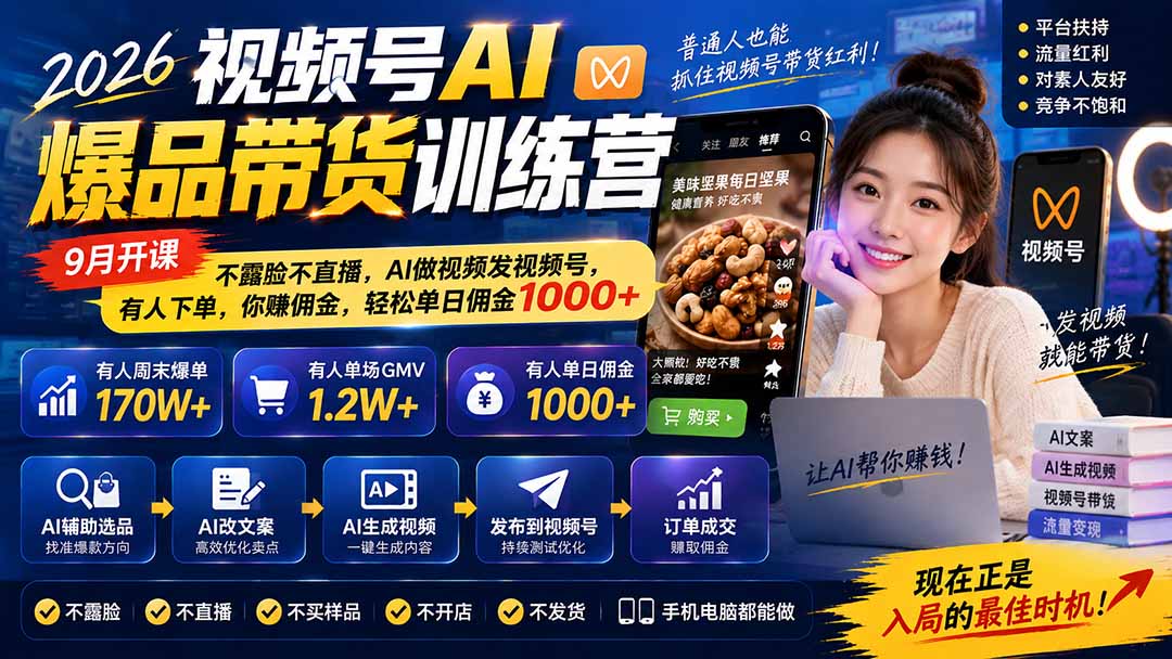 2026视频号AI爆品带货训练营-9月开课｜不露脸不直播，AI做视频发视频号，有人下单，你赚佣金，轻松单日佣金1000+