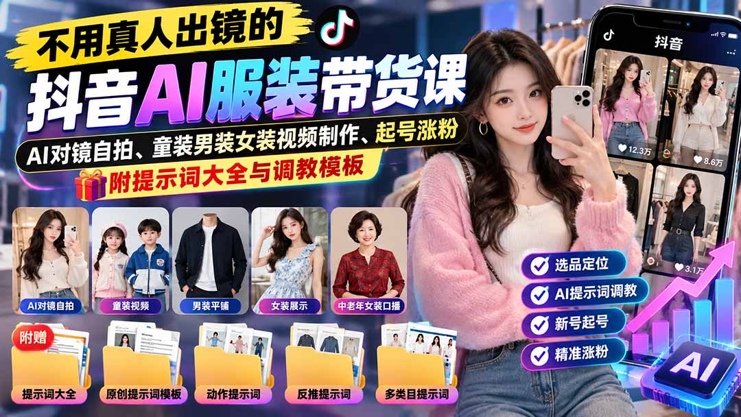 不用真人出镜的抖音AI服装带货课：AI对镜自拍、童装男装女装视频制作、起号涨粉，附提示词大全与调教模板